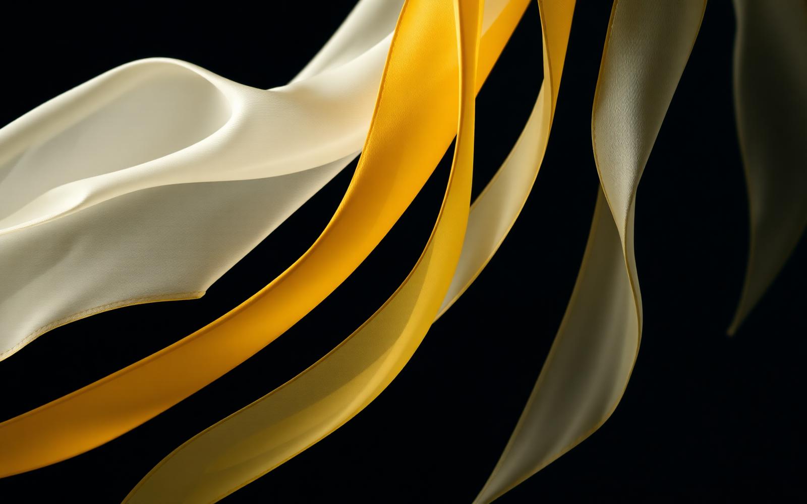 Soft flowing white and mustard silk ribbons intertwining on a dark backdrop