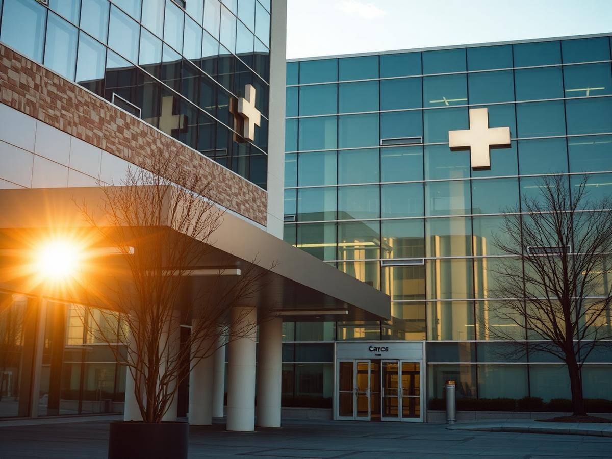 Modern hospital building at sunrise