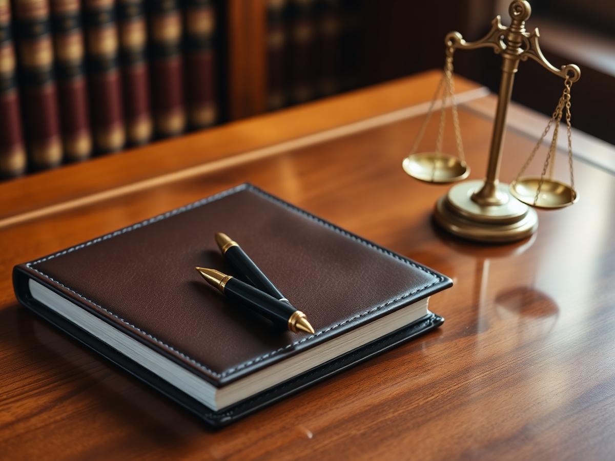 Leather legal notebook and brass scales of justice on a polished desk
