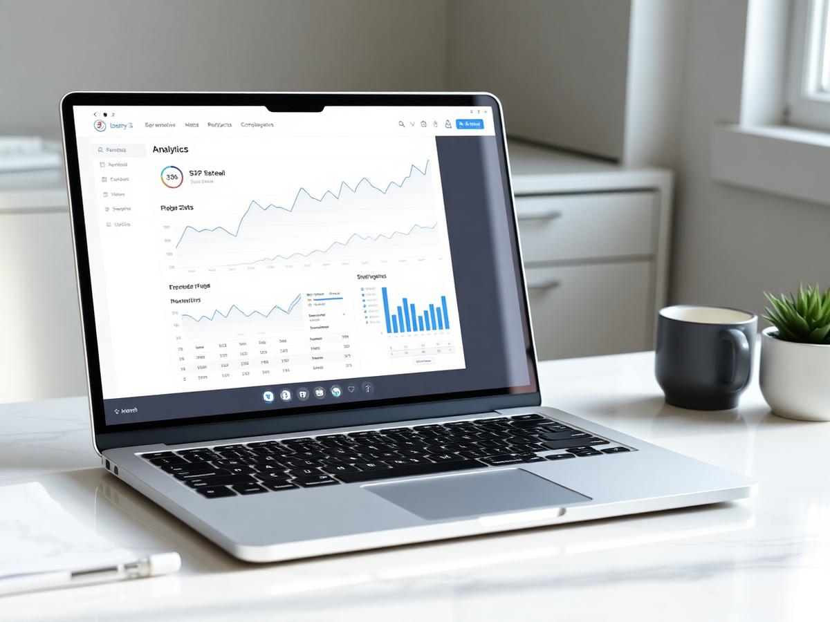 Laptop on a desk showing an analytics dashboard
