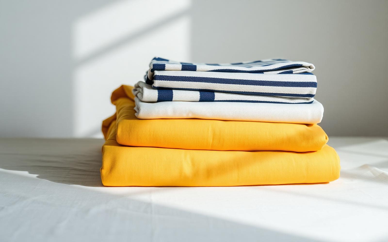 Neatly folded mustard, cream and navy striped cotton fabric in natural light