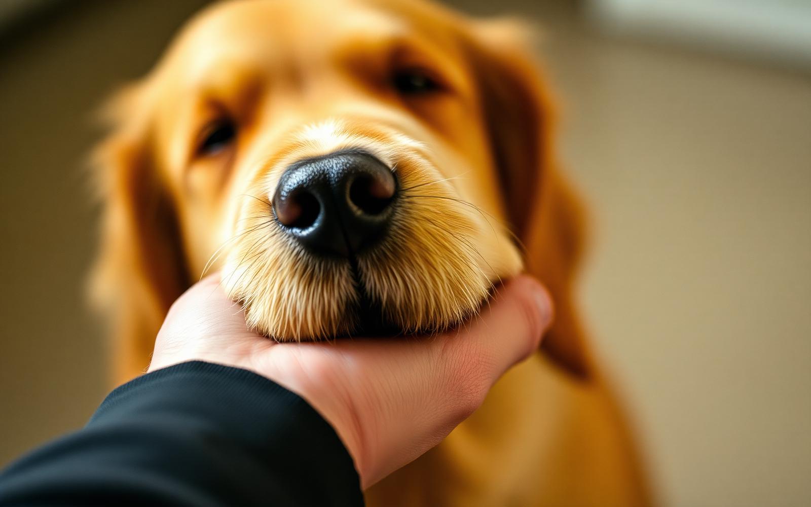 A golden retriever resting its muzzle in a person's cupped hand, warm light