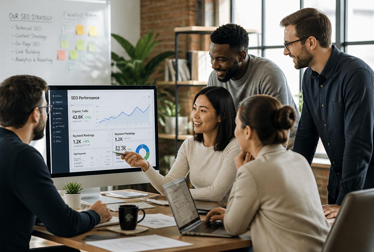 Go Vista AI's dedicated in-house SEO team collaborating on a campaign